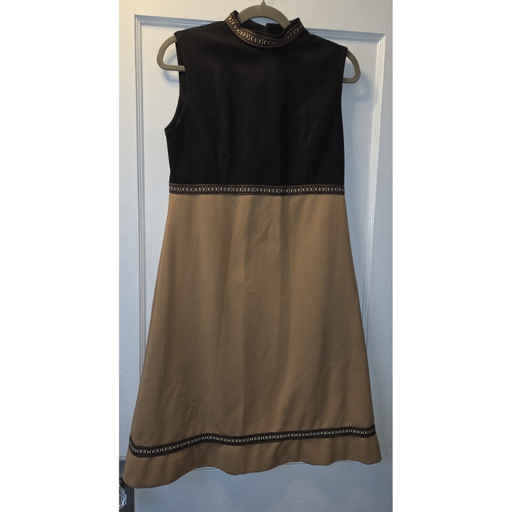 Vintage 60's Carol Craig Mock Neck Sleeveless Boho Dress. Jacket. Blk Ribbon. 14
